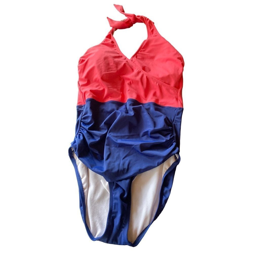 Women's Bal Harbour Faux Wrap Halter One-Piece Swimsuit Pink Blue Color Block Si